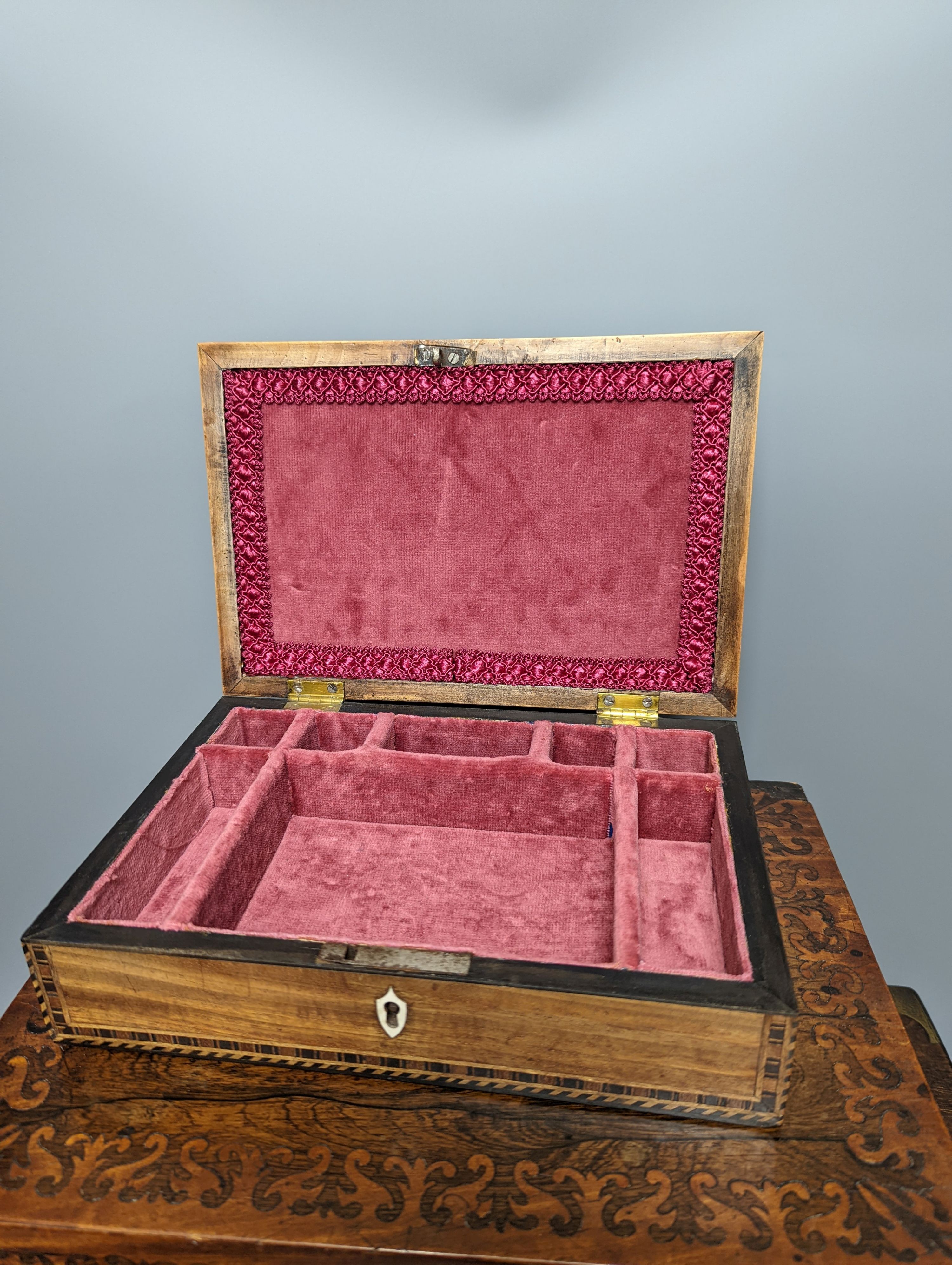 A Victorian rosewood writing slope and two other 19th century boxes, Writing slope 45cm x 18cm